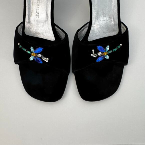 Giuseppe Zanotti Black Velvet Kitten Heels Crystal Dragonfly Slides Sandals 9B - Picture 3 of 11
